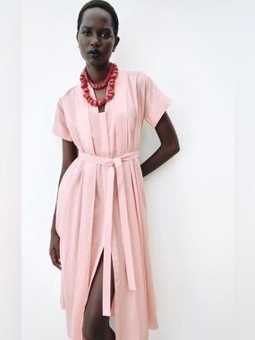 NWT Zara Poplin Cotton Midi Shirt Dress in light pink. Size Small
